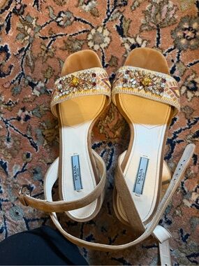 Prada Tan Suede Beaded Slide Sandals with Multicolor Embellishment